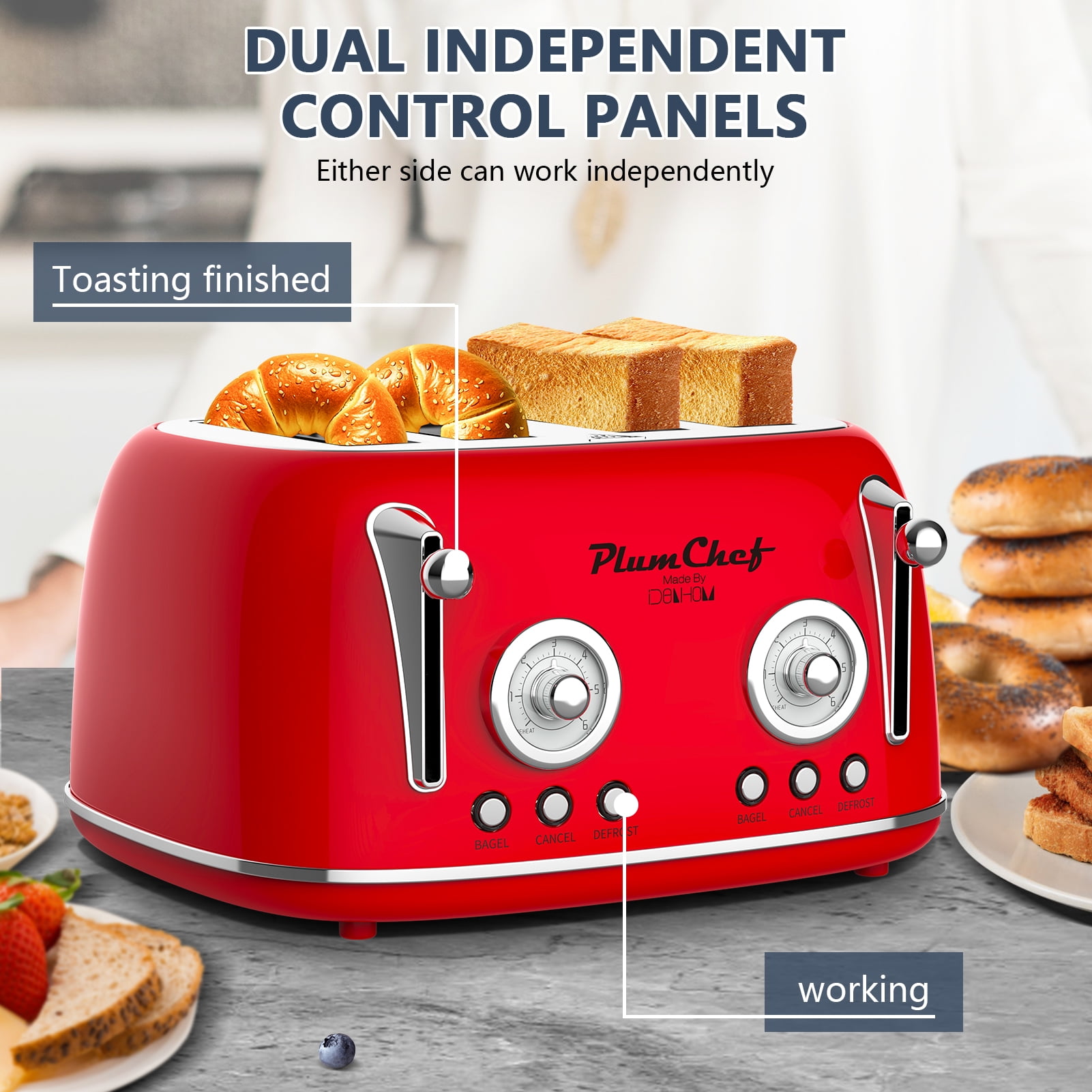 Retro Red 4-Slice Toaster, Dual Control, 6 Browning Levels, Bagel & Defrost Functions, Stainless Steel Housing, 1650W, Removable Crumb Tray