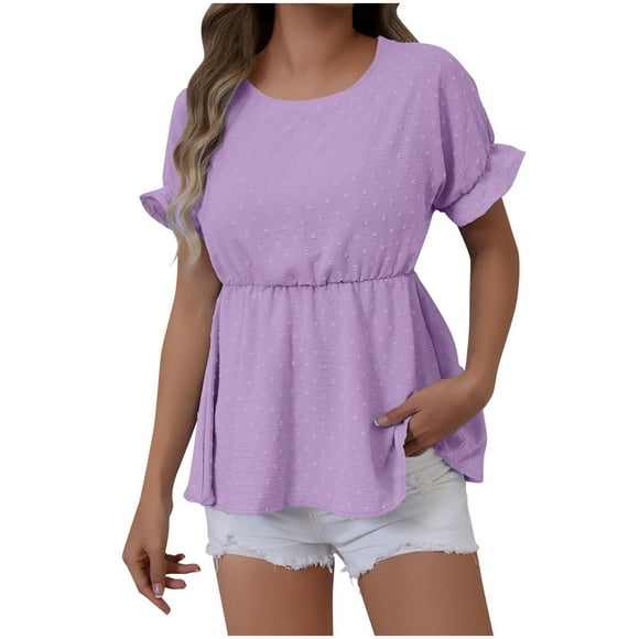 Women's Summer Top, Short Sleeve Blouse with Floral Jacquard and Trumpet Sleeves in Soft Stretch Fabric, Casual Round Neck Solid Color Tops for Daily Wear