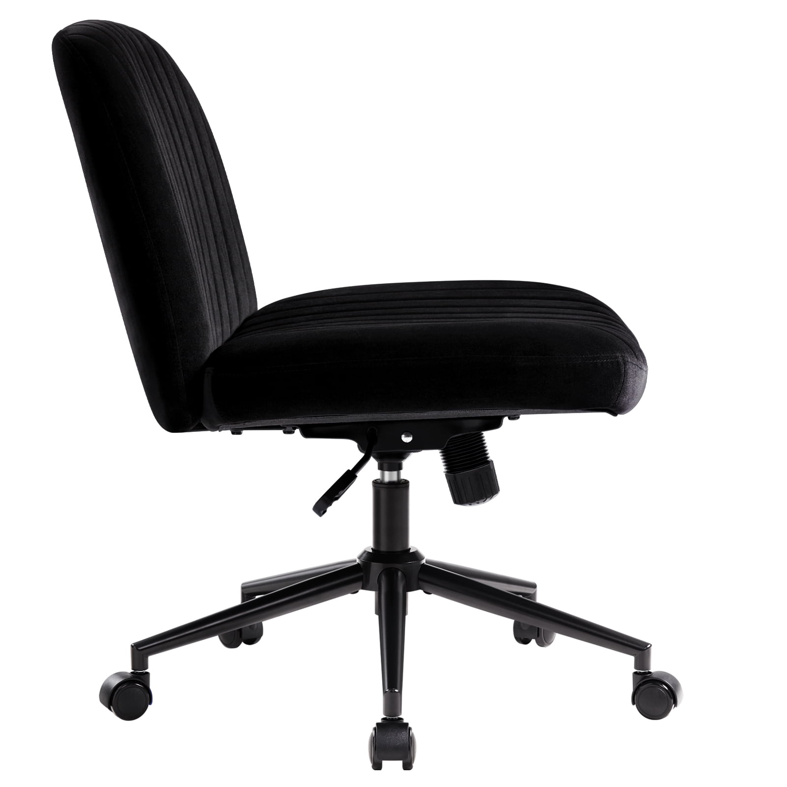 IWMH Ergonomic Armless Task Office Chair with Wheels, Cross Legged Wide Seat Desk Chair, Black Velvet Upholstered Swivel Vanity Chair, for All Ages