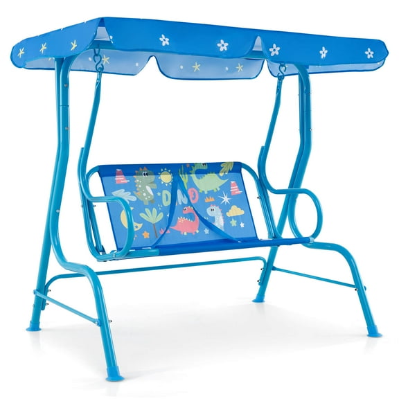 Costway 2-Seater Toddler Porch Swing Chair with Metal Stand Adjustable Canopy Safety Belts Blue