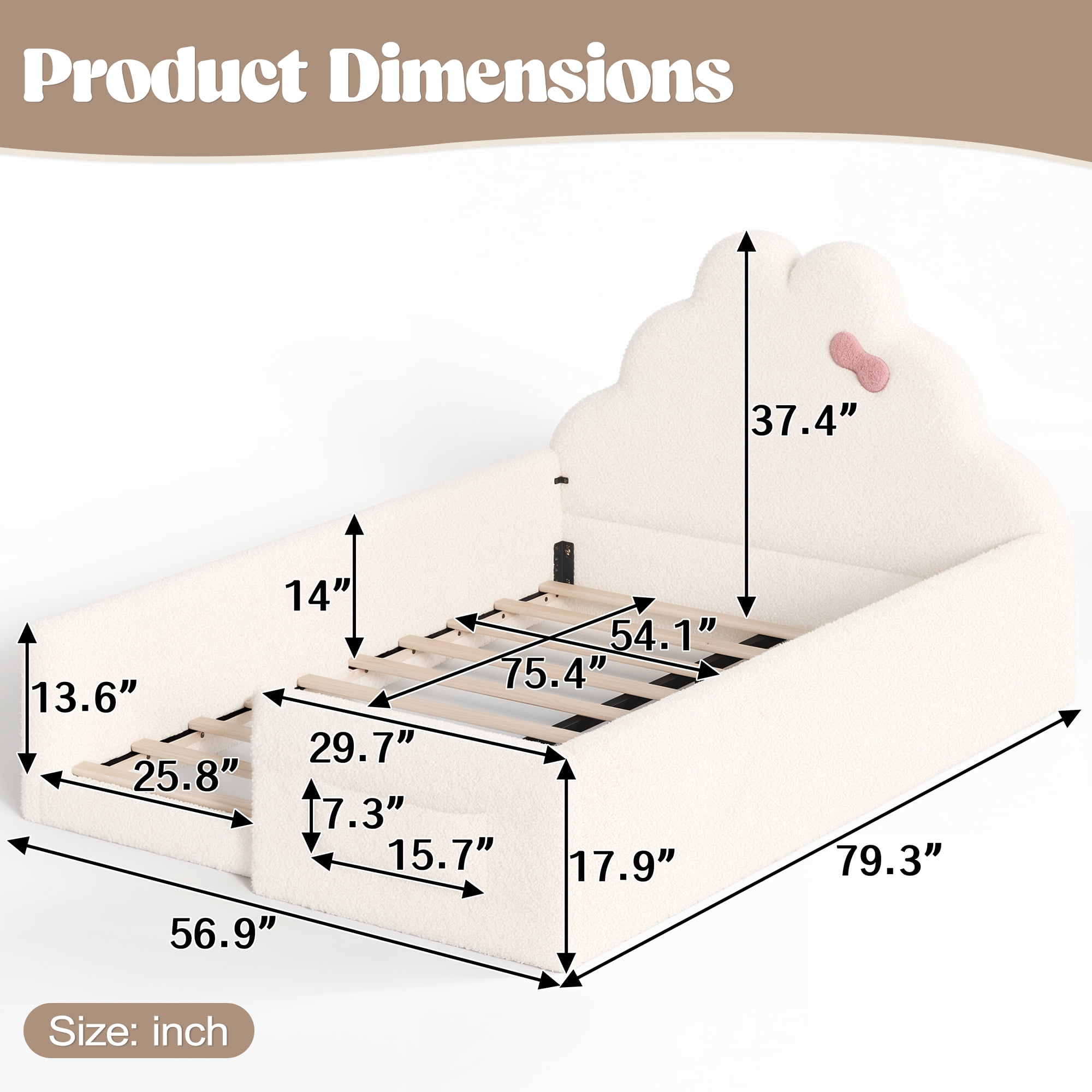 HOQBN Full Size Upholstered Floor Bed Frame, Soft Padded Upholstered Kids Bed, Safe Children Bed Frame with Side Storage Pocket for Bedroom Beige