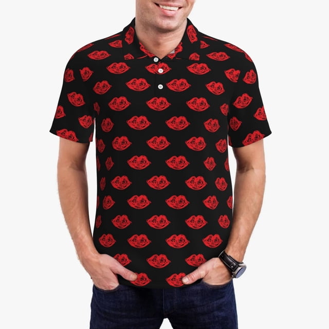 Balery Red Beautiful Lips Camisa Polo de Hombre con Estampado, de Manga Corta y Tejido Medio, Camisa Tipo Golf Polo-X-Large