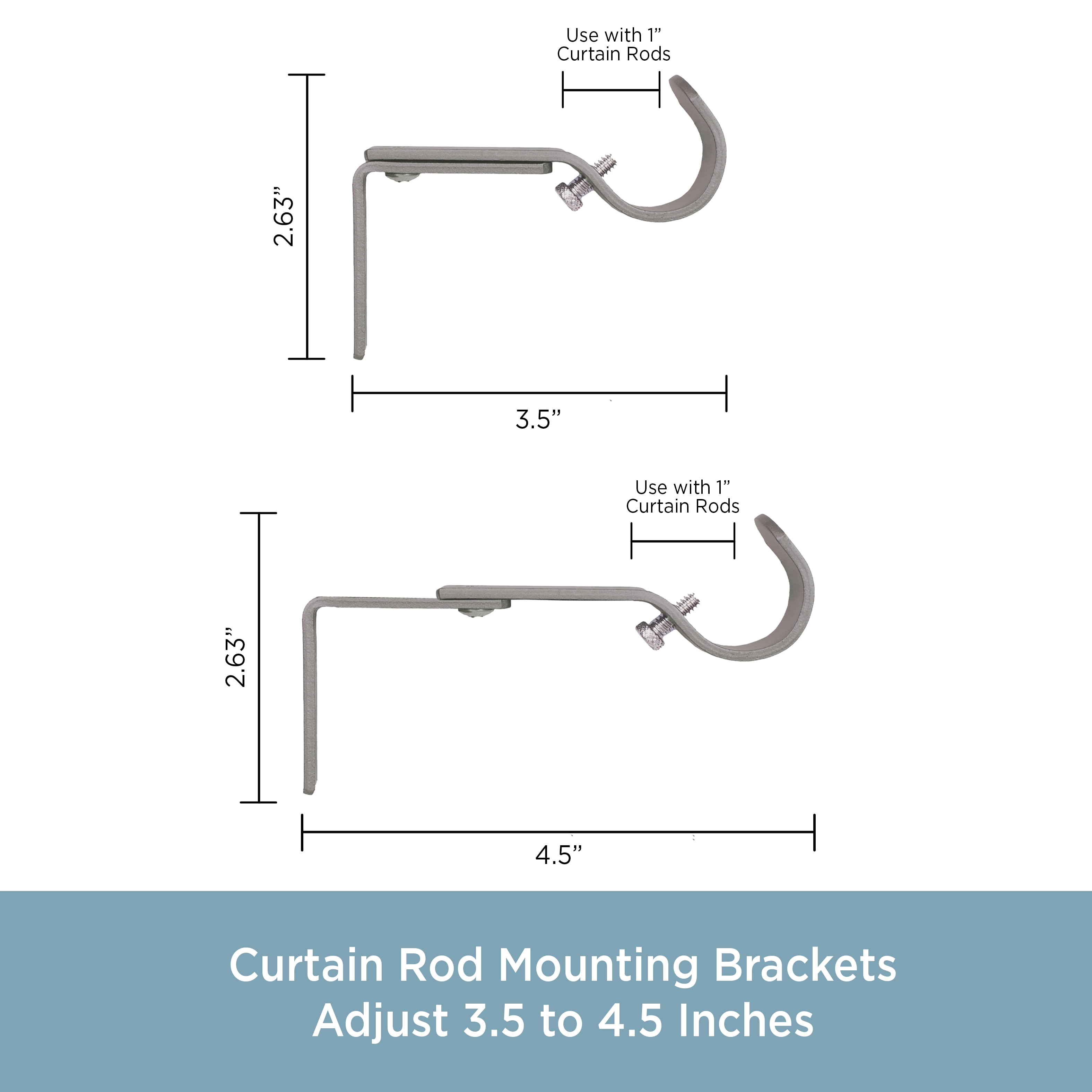 Kenney 1" Adjustable 3.5-4.5" Curtain Rod Mounting Brackets, Set of 2, Pewter