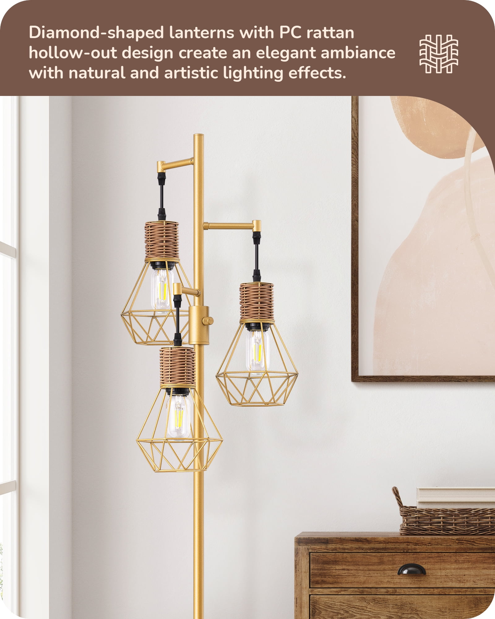 EDISHINE Industrial Floor Lamps for Living Room Clearance, Dimmable, Metal Standing Tree Lamp for Bedroom, Office, Home Decor, LED Bulb Included, Gold