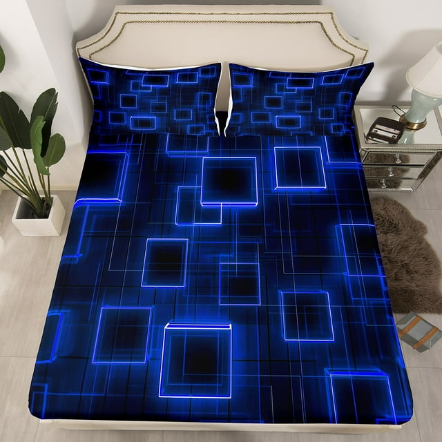 YST Blue Purple Geometric Bed Sheets Geometry Gradient Cubes Bedding Set Queen Size,Neon Ombre Light Fitted Sheet Abstract Modern Soft Sheets For Kids Boys Girls Teens Room Decor