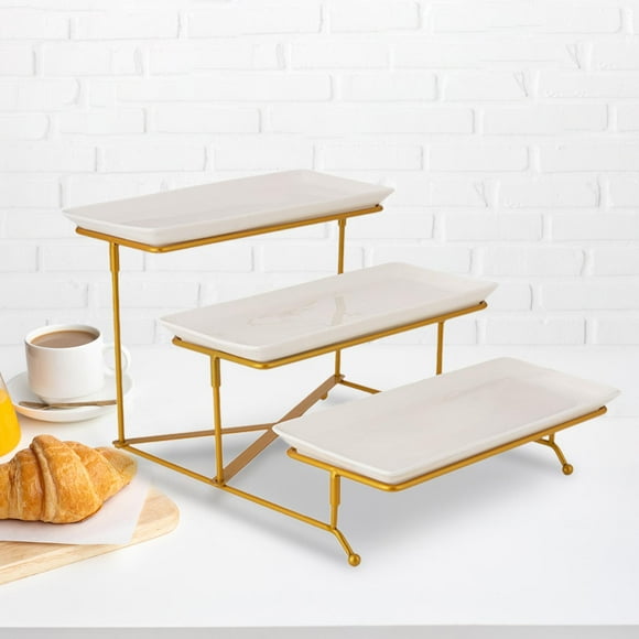 3 Tier Rectangular Serving Platter Stand Set for Entertaining Fruit Dessert gold rack