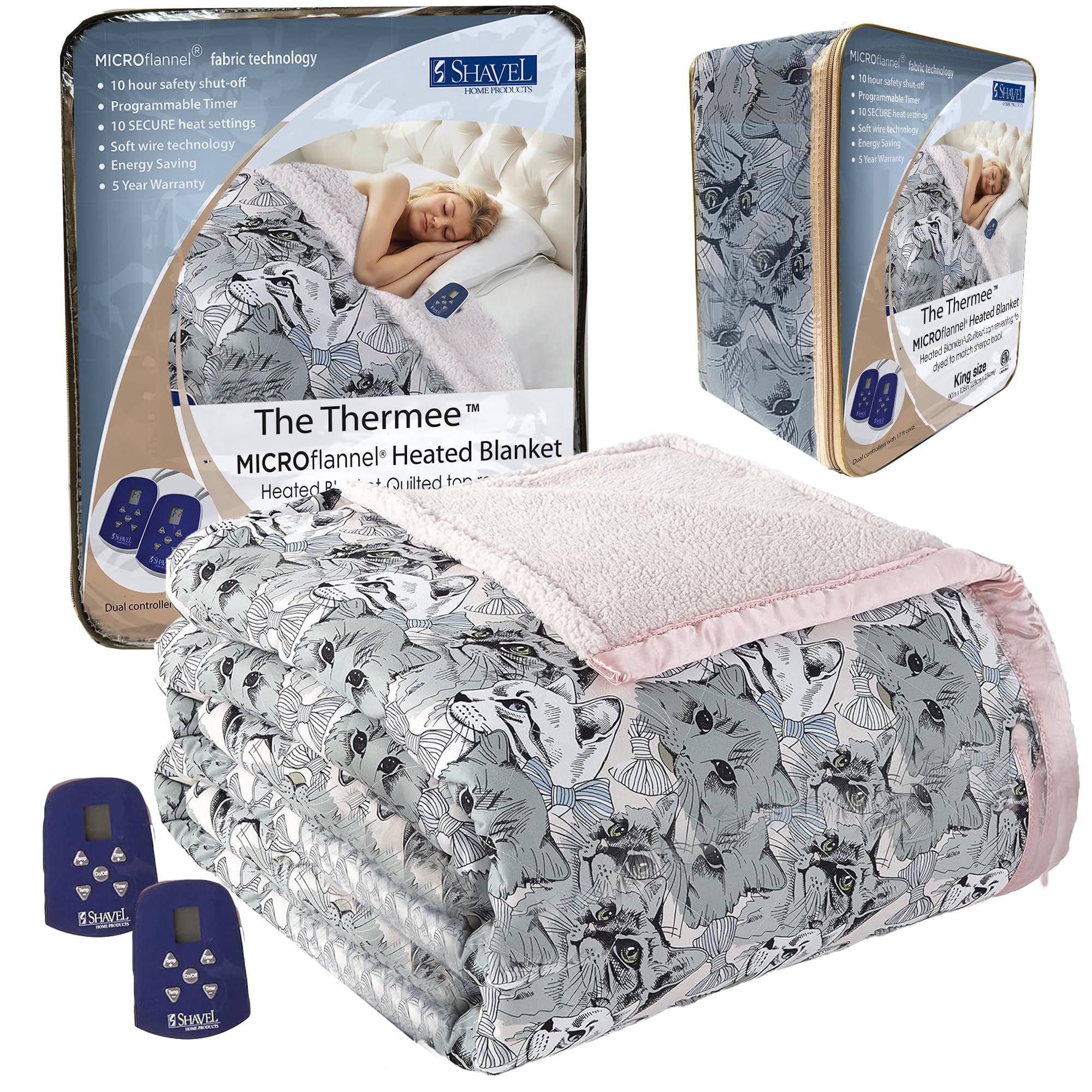 Shavel Home Products Micro Flannel Electric Reversible Sherpa Blanket, King, Cat Collage