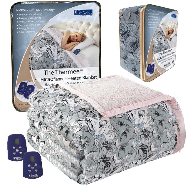 Shavel Home Products Micro Flannel Electric Reversible Sherpa Blanket, King, Cat Collage