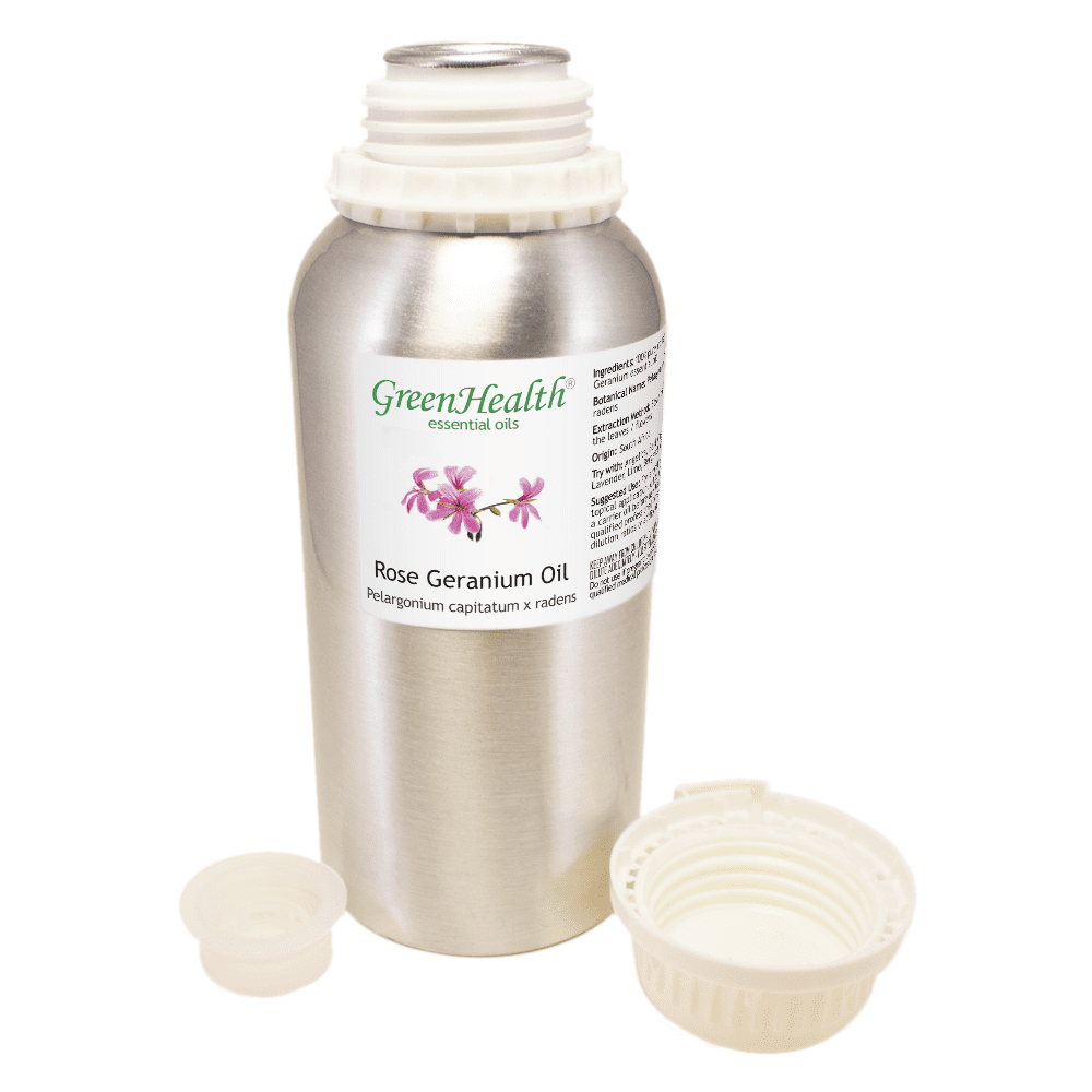 GreenHealth Rose Geranium – 16 fl oz (473 ml) Aluminum Bottle w/Plug Cap – 100% Pure Essential Oil