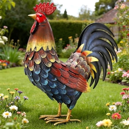 Rooster Decor Garden Statue Metal Chicken Yard Art Sculpture Outdoor Figurines