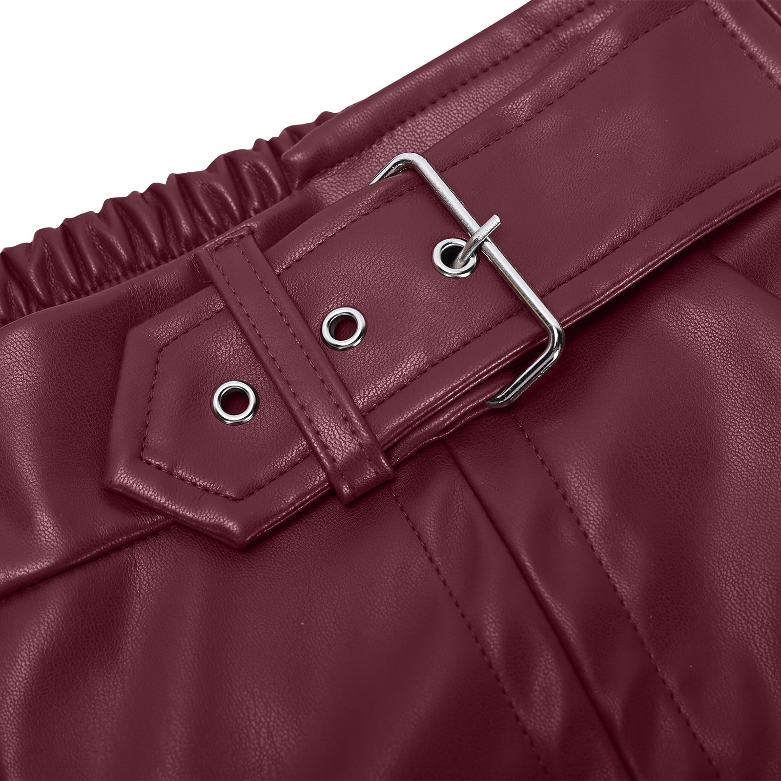 JGGSPWM High-Waist Wide Leg Pants with Belt for Women Sleek Faux Leather Trousers Wine S