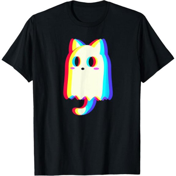 Women's Ghost Cat Halloween Graphic Tee，EDM Rave Techno T-Shirt，Soft Comfort Short Sleeve Shirt ，Funny，cotton，black，S-5XL