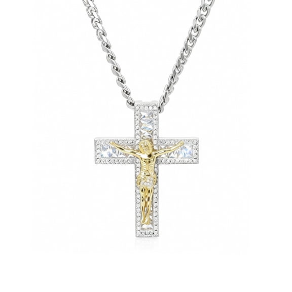 VOGCOME Cross Necklace for Men Women, White Gold Plated Cross Pendant Necklace, Silver Cuban Chain Link Necklace