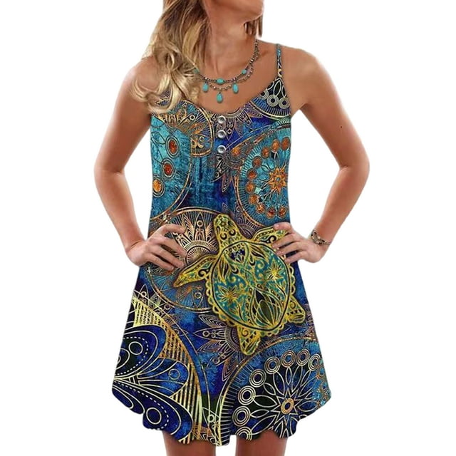 LUXUR Robe Nuisette pour Femmes Sans Manches Courte Mini Robes Col en V Été Plage Robe d'Été Caftan Bretelles Spaghetti Géométrique m