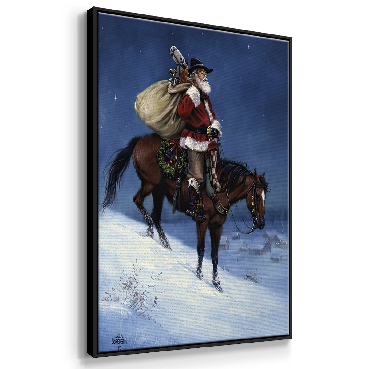 A Cowboy Christmas - Framed Gallery Wrapped Holiday Canvas - 25 x 17 - Black Frame
