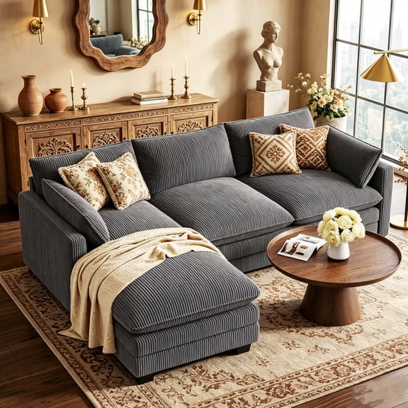 110.2" Cloud Sectional Couch with L-Shape Chaise,Lofka Modern Modular Sofa with Deep Seat, Upholstered Couches for Living Room Bedroom, Gray (Plush Corduroy Fabric)