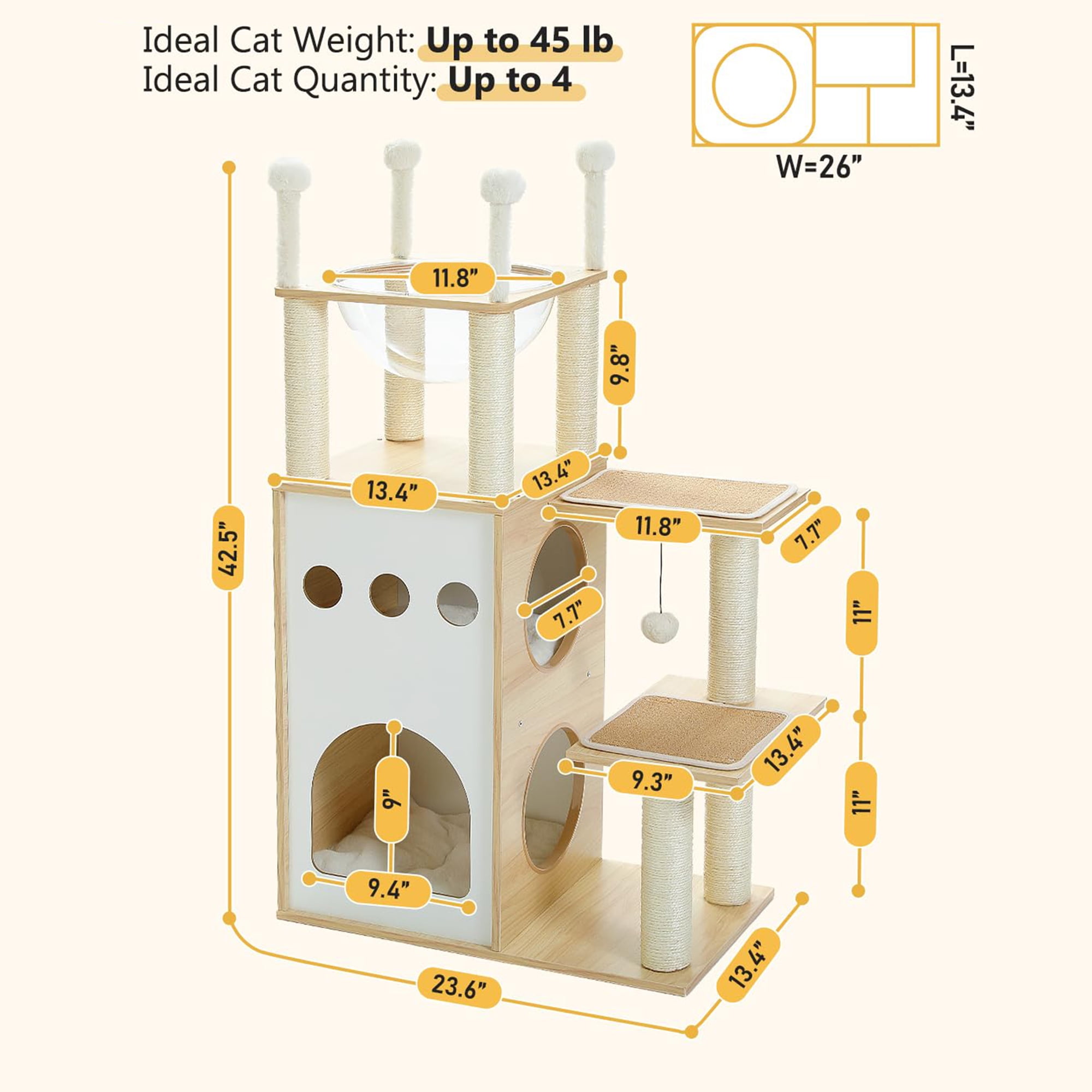 resenkos 42" Modern Cat Tree Tower with Double Spacious Condos Perch, Sisal Scratching Post, Kittens Toys Activity Centre Cat Tree House, Beige
