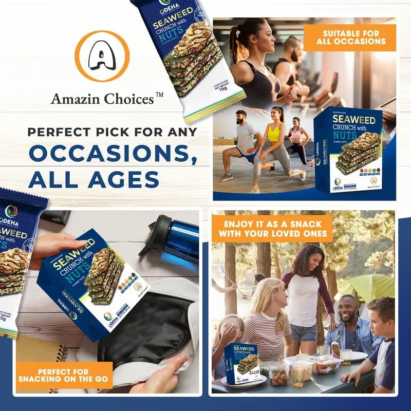 Seaweed Crunch with Nuts Classic Taste– Amazin Choices Vegan Snack Bars with Cashews, Almonds & Pumpkin Seeds – Premium Asian Chips – Seaweed Sheets – Sandwich Seaweed - 1 case ( 10.72oz x 24 boxes )