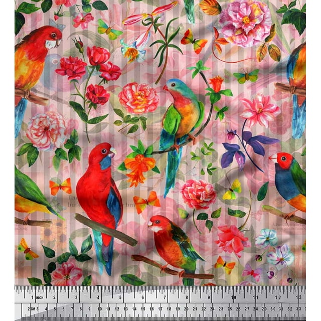 Soimoi Orange Crepe Silk Fabric Stripe,Floral & Parrot Bird Decor Fabric Printed BTY 42 Inch Wide