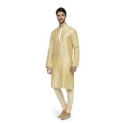 Ethnix Mens Mandarin Collar Motif Print Festive Embroidered Placket Kurta Pajama 2-piece set; XL