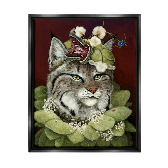 Stupell Industries Bobcat Wearing Leaf Outfit Painting Jet Black Floating Framed Canvas Print Wall Art, Design by Carolyn Schmitz