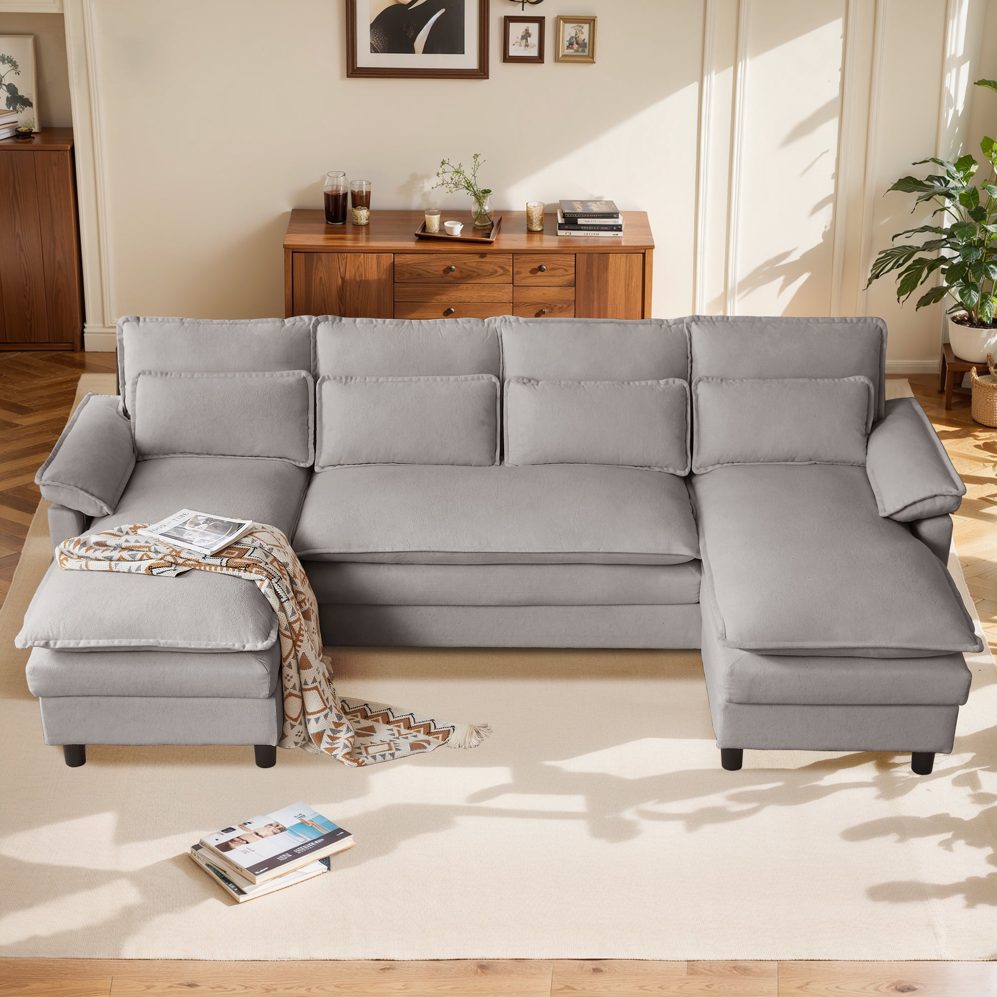 Pingliang Home Oversized U Shaped Couch,4 Seat Sectional Sofa with 4 Pillows,Upholstered Symmetrical Cloud Couch with Double Chaise,Wrap Around Sofa Modular sofa for Living Room Apartment Office