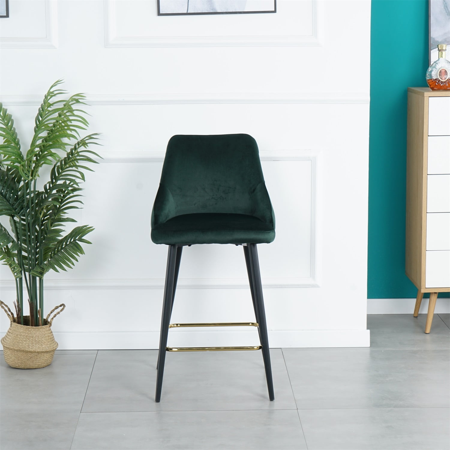 Kadyn Upholstered High Bar Stool Chair Set of 2, Modern Foam Bar Stools with Gold Legs, Bar Dining Chair for Dining Room, Green