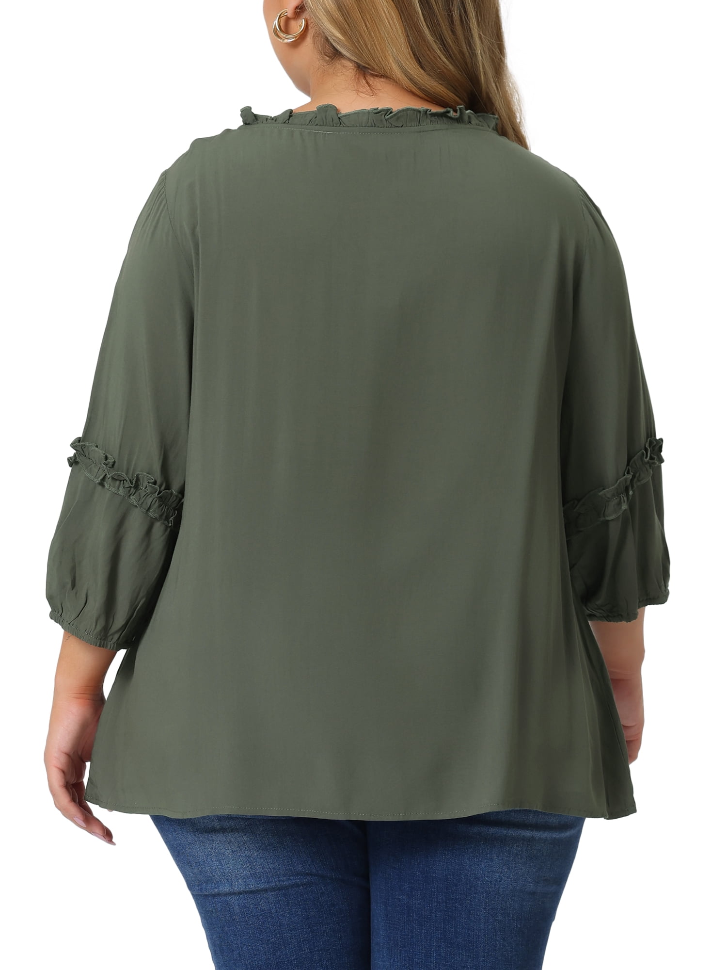 Women's Plus Tops Tie Neck Tassel Self Flutter 3/4 Sleeve Blouses Tops 2X Army Green