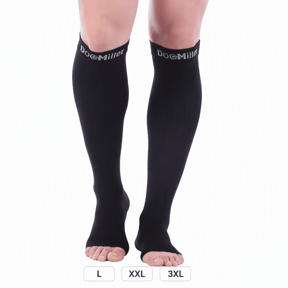 Doc Miller Premium Open Toe Compression Sleeve 1 Pair 15-20 mmHg Graduated Pressure for Sports Running Muscle Recovery Varicose Veins (Black, X-Large)