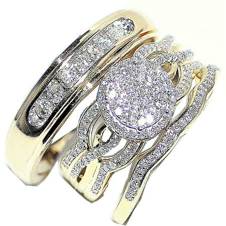0.65cttw Trio Wedding Set His and Her Rings Set 3 Piece 10K Yellow Gold - www.waldenwongart.com