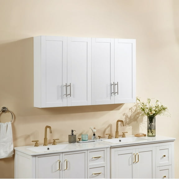 White Wall Cabinet with Doors & Shelves - 24"x30" MDF Wood Storage for Bathroom, Kitchen, or Living Room. Wall-mounted, elegant design.