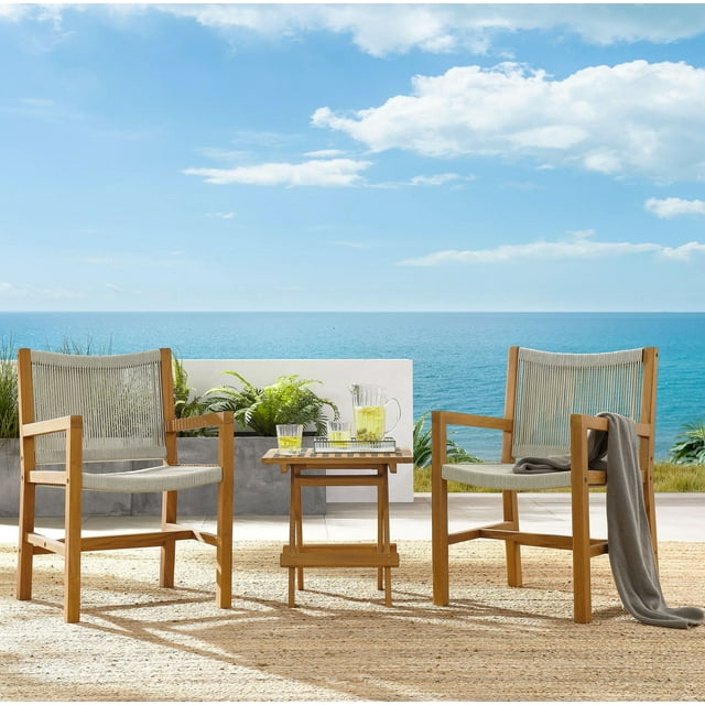 Modway Vienna 3-Piece Outdoor Patio Furniture Teak and Rope Armchairs, Folding Side Table in Natural