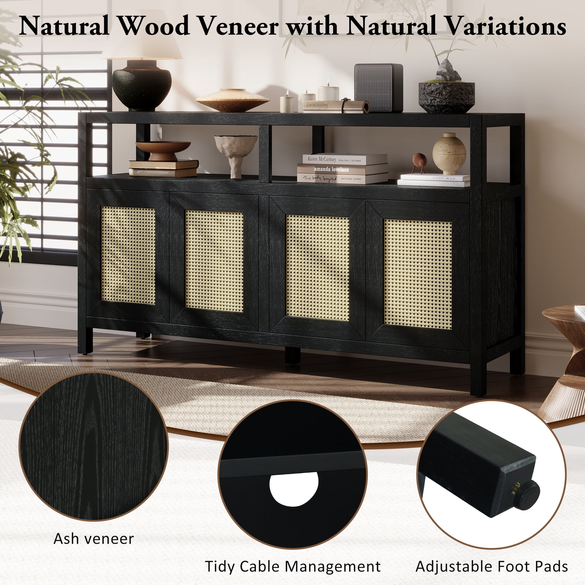 Aukfa Rattan Buffet Storage Cabinet,TV Cabinet for Living Dining Rooms,Bohemian Style,Black