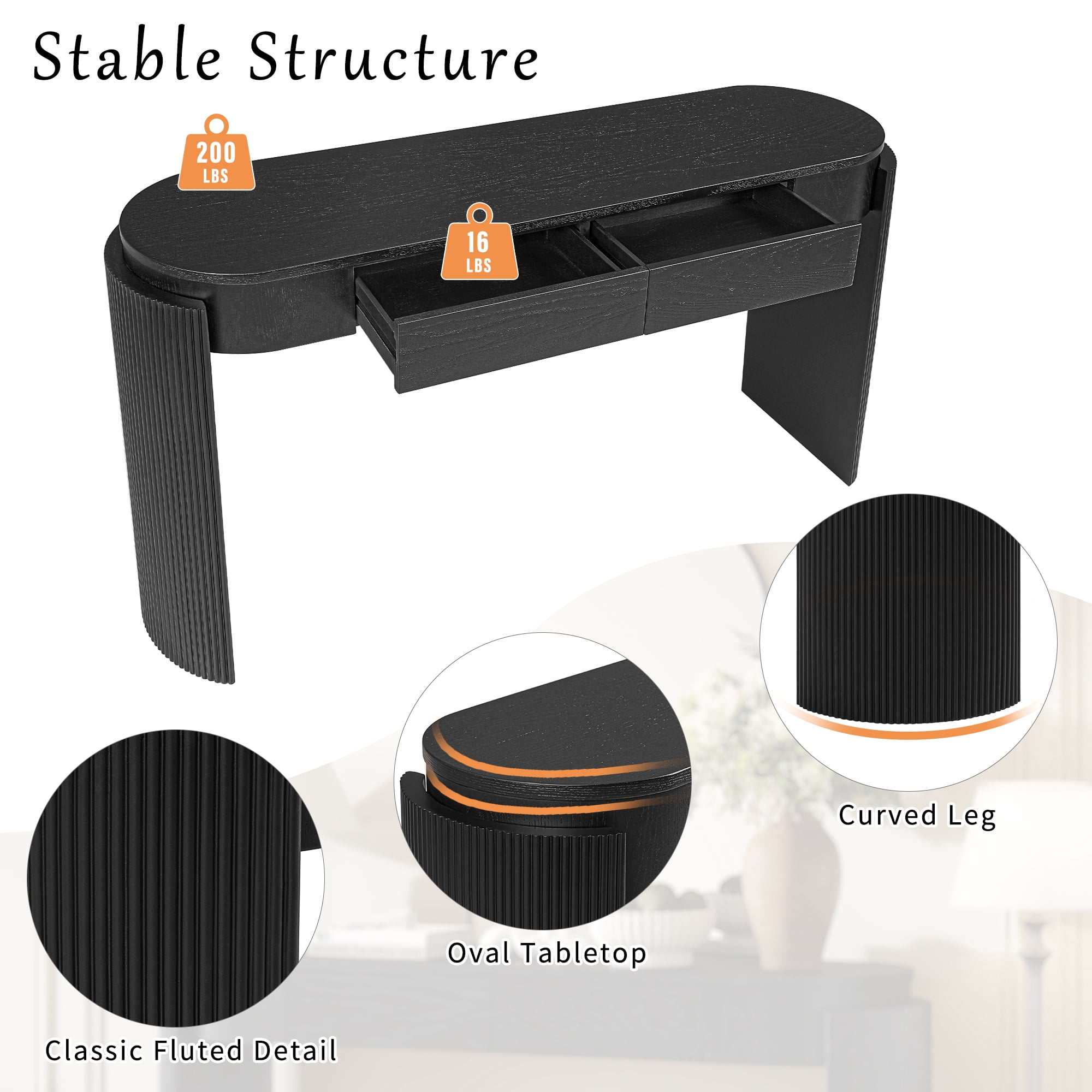 Harper & Bright Designs Fluted Console Table with Storage, Wood Entryway Table with Drawers and Oval Top Shelf, Black