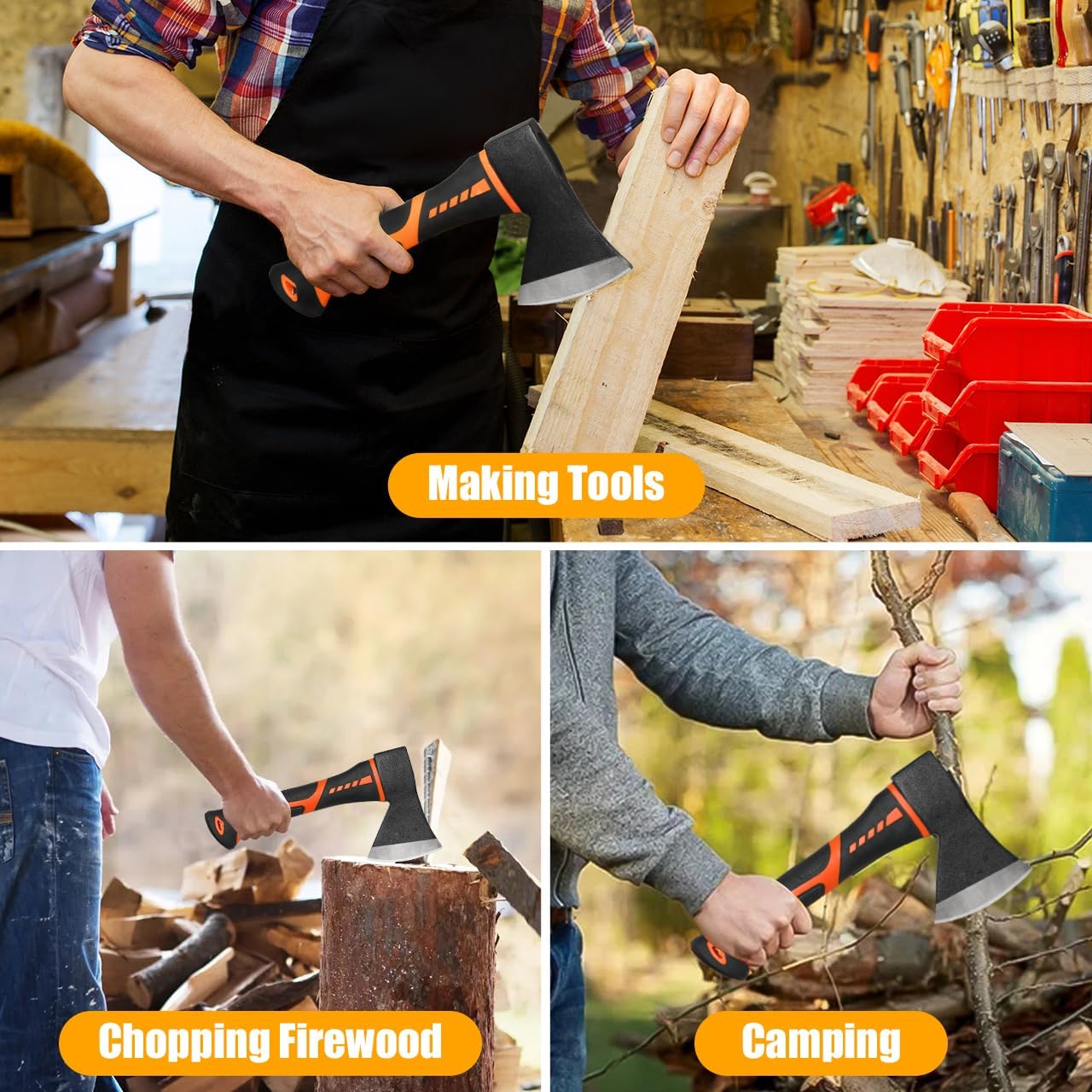 Chopping Axe,10”Camping Outdoor Hatchet for Wood Splitting and Kindling, Forged Carbon Steel Heat Treated Hand Maul Tool, PP+TPR Handle Shock Reduction Handle with Anti-Slip Grip