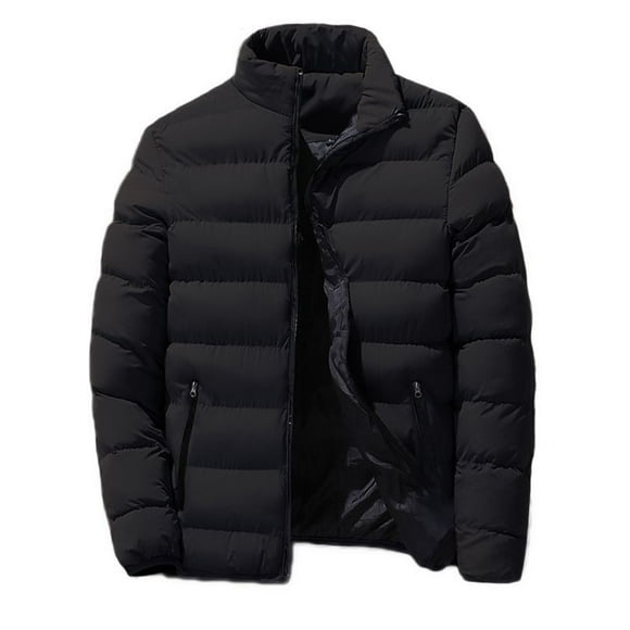 Lovzfmll Men's Puffer Jacket Stand Collar Heavyweight Quilted Zippered Pockets Black, M