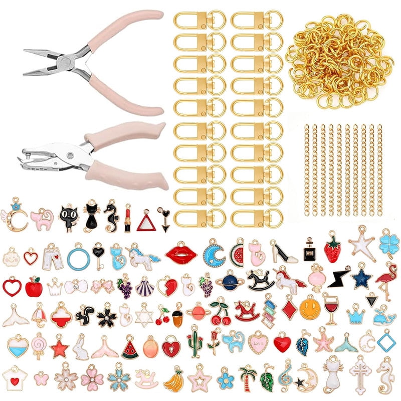 Keychain Making Kit w/Charms Jump Rings Hole Punch Pliers for DIY Crafting and Jewelry Making