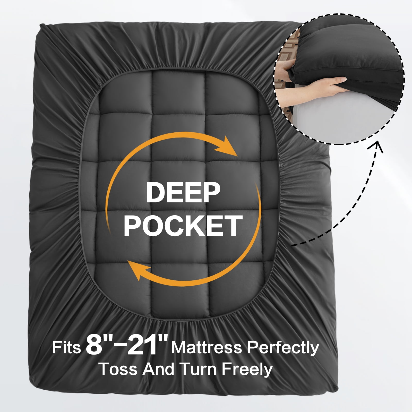 EMONIA 100% 400TC Mattress Topper Full for Back Pain Relief,900GSM Pillow Top Mattress Pad, Cooling Mattress Cover with 8-21" Deep Elastic Pocket, ultra-soft Noiseless Washable (Dark Gray,Full)