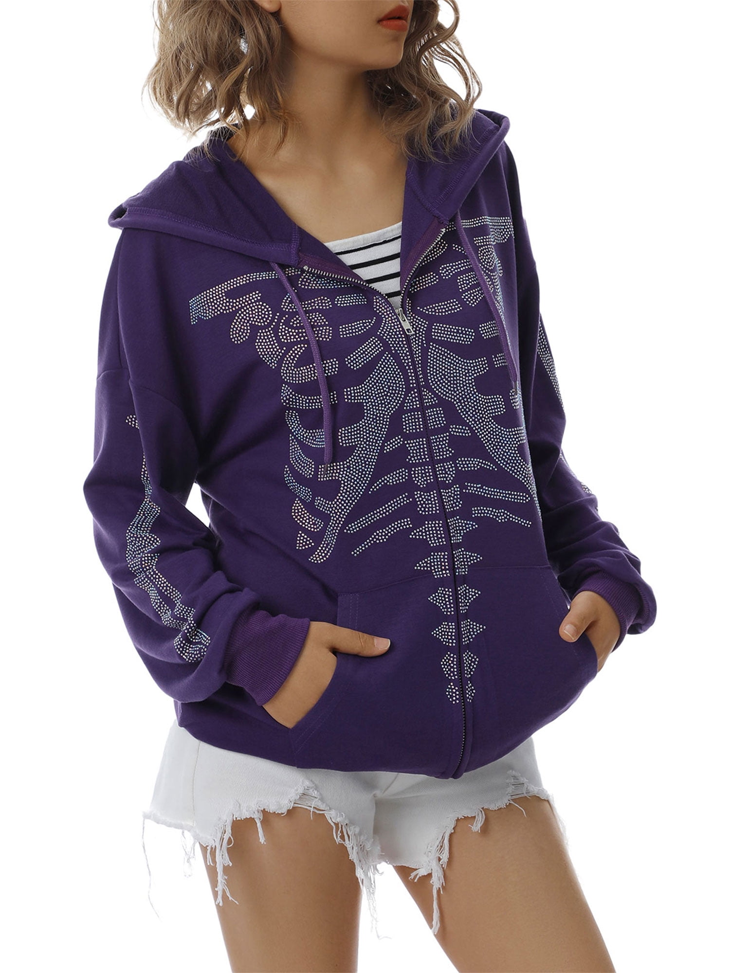 Women Y2K Zip Up Loose Style Hooded Jacket, Letters Rhinestone