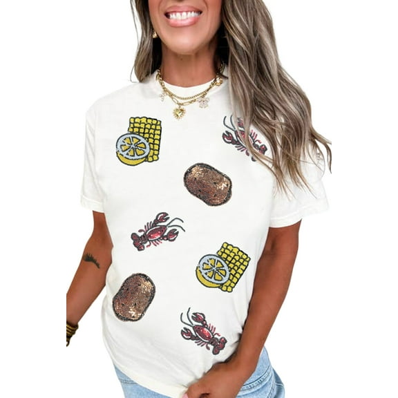 Women's White Sequin Crawfish, Potato, Lemon & Corn Graphic Crewneck T-Shirt | [ZhiHiMeRi] | (US 20-22)2XL