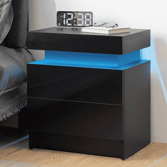 Hommpa Modern LED Nightstand with 2 Drawers High Gloss Led Light Bedside Table Storage Black Night Table with Lights End Side Table with Drawer for Bedroom 20.5" Tall