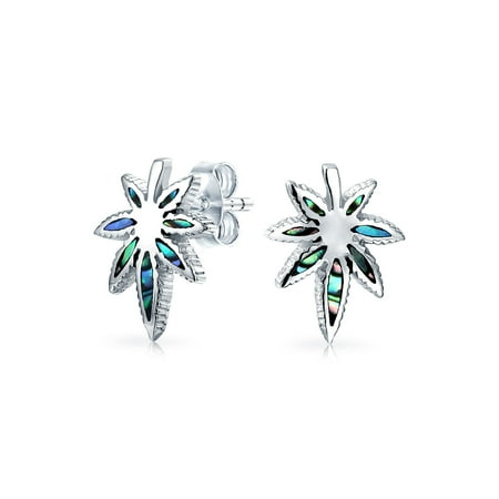 Sterling Silver Leaf Design Earrings - Abalone Shell Iridescent THC Marijuana Cannabis Leaf Weed Pot Stud Earrings For Women 925 Sterling Silver
