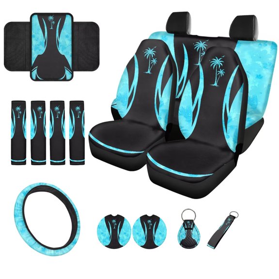 Chririnla Palm Tree Car Seat Covers with Steering Wheel Cover for Women 14 Pcs Hawaiian Teal Seat Belt Cover Center Console Cover Fit Most Car, Truck,SUV, or Van