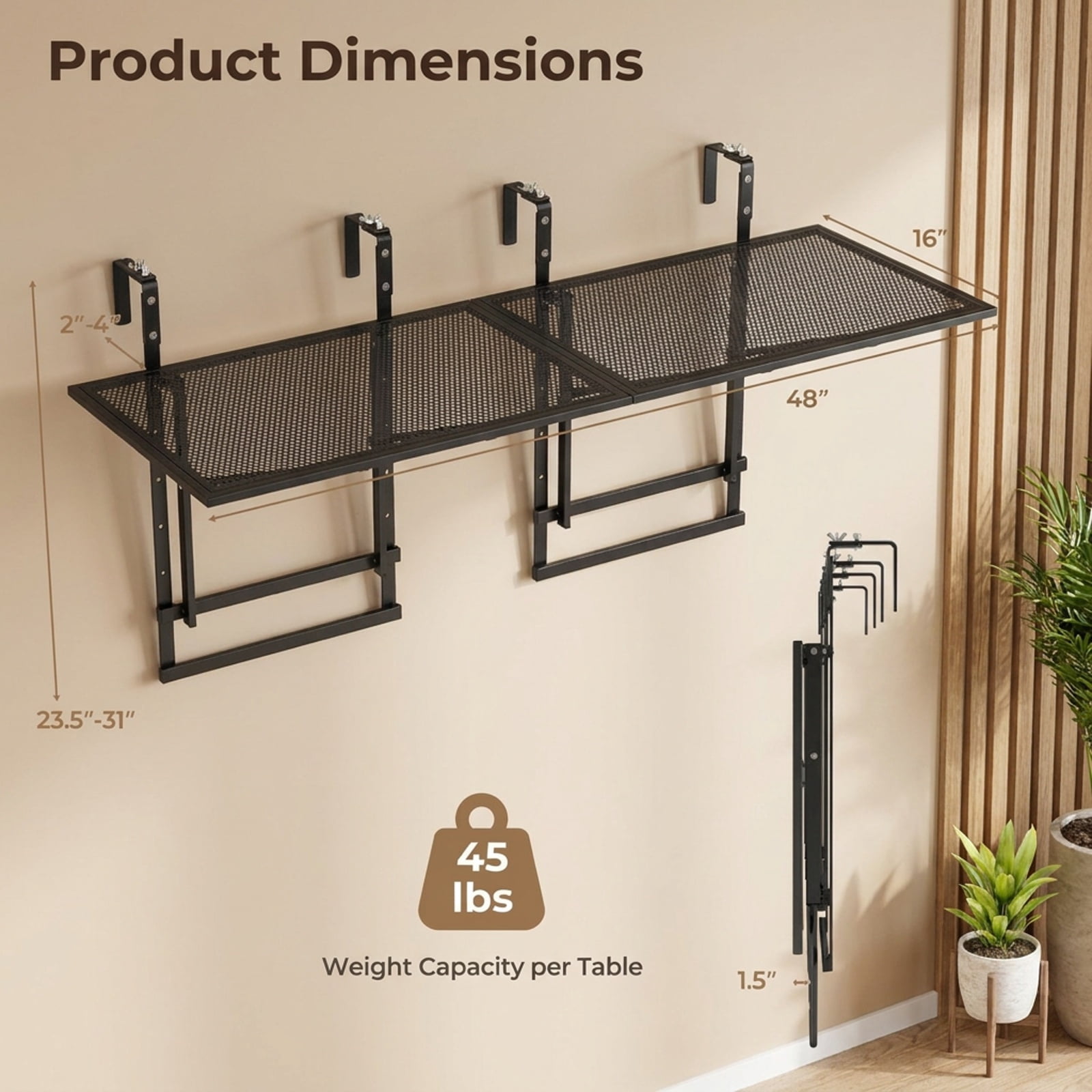 Biotree 48" Balcony Railing Table Set of 2 with 5-Level Adjustable Height for Patio Deck, Black