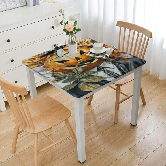 HAOXIT Halloween Tablecloths Black Spider Cobweb Orange Pumpkins Table Cloth Scary Movie Nights Waterproof Polyester Fabric Table Cover Decor for Square/Rectangle Table,Home Dining,Outdoor,Party 36*36