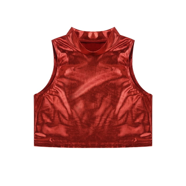 Sinleey Costume de Danse de Rue Jazz Métallique pour Filles Enfants Crop Top Brillant pour Spectacle Fête Performance sur Scène Rouge 12