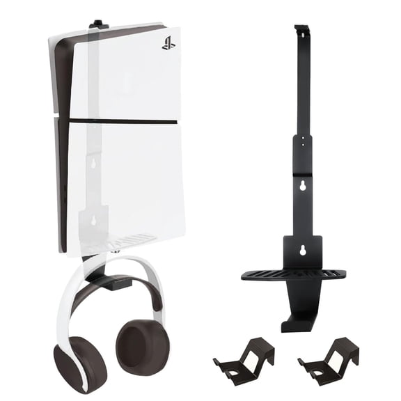 PS5 Wall Mount, Heavy-Duty Steel Mount Kit for Protection & Cooling with 2 Controller Holder and Headset Holder,Compatible with All PS5 Models Including Slim, Pro, Original, Black