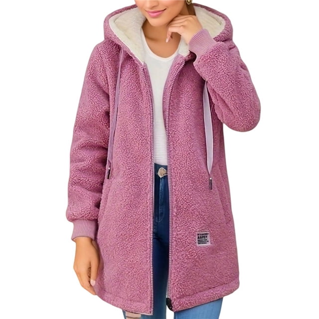 Chaqueta con Cremallera y Bolsillos para Mujer, Sudadera Larga Extragrande con Capucha, Abrigo Afelpado y Cálido. Rosa L