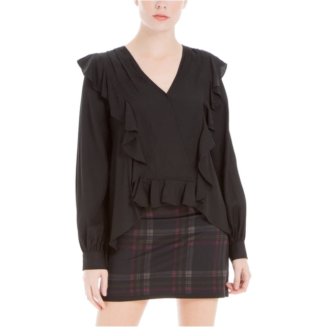 Max Studio London Blusa de punto con volantes para mujer, negro, XS