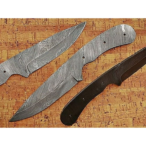8.75 inches long drop point blank blade, hand forged twist pattern Damascus steel blank blade skinning knife with 3 Pin hole & finger groove, 4.5 inches cutting edge